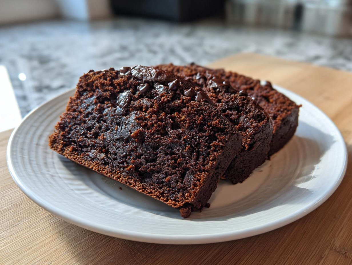 Three moist slices of rich chocolate banana bread topped with melted chocolate chips on a white plate.
