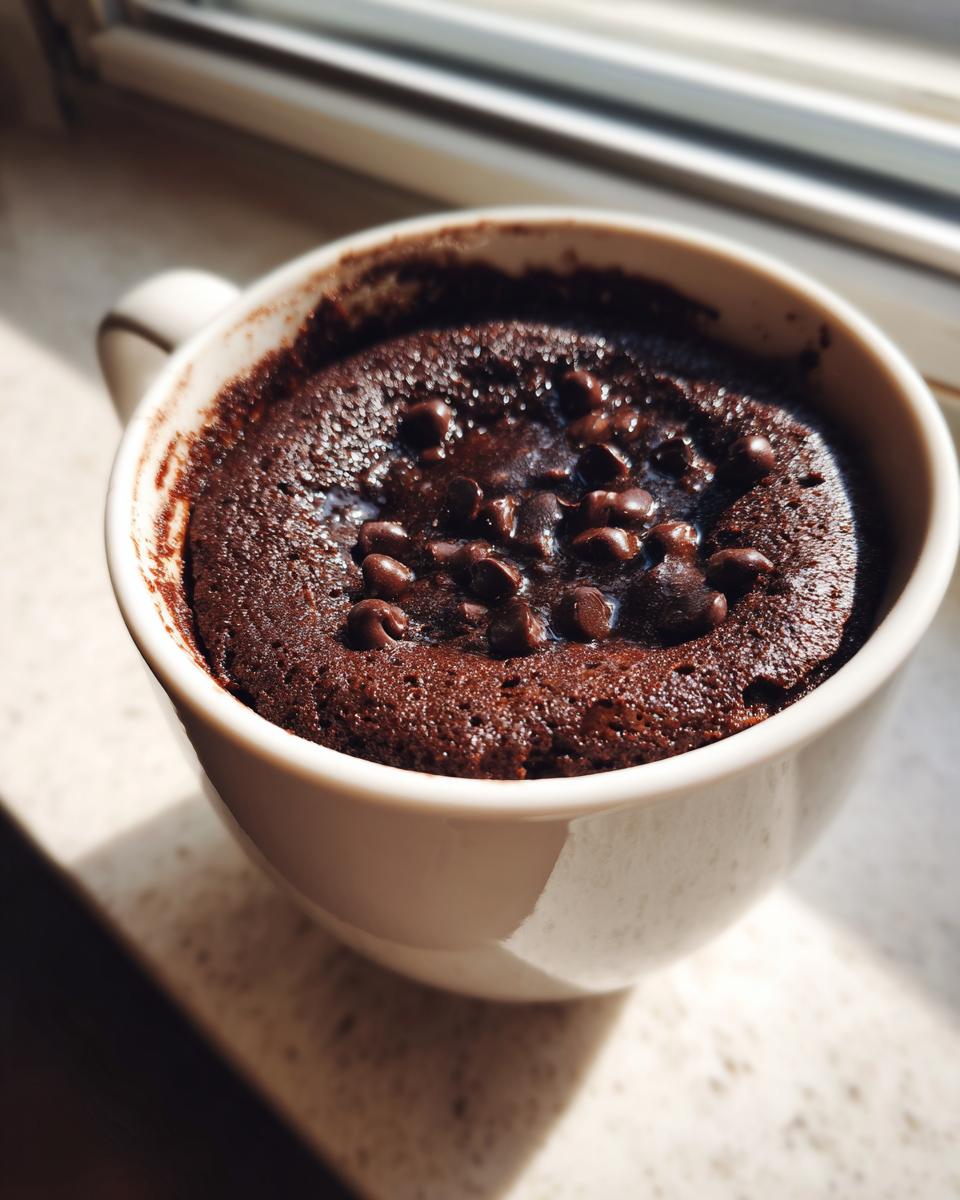 Close-up of a rich, dark chocolate mug cake topped with melted chocolate chips, perfect for a quick mug cake.