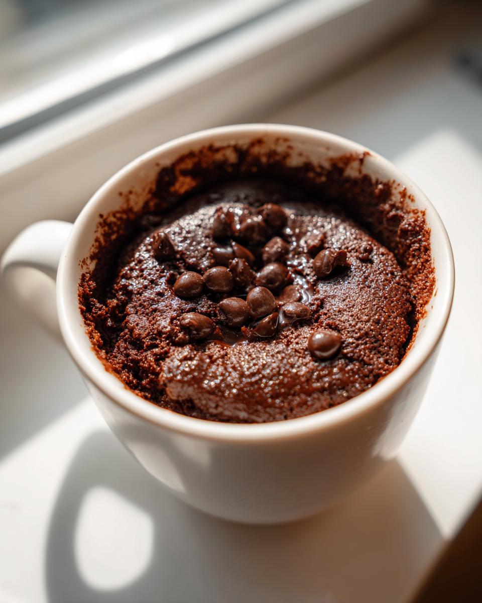 Close-up of a moist chocolate mug cake topped with melted chocolate chips, sitting by a window.