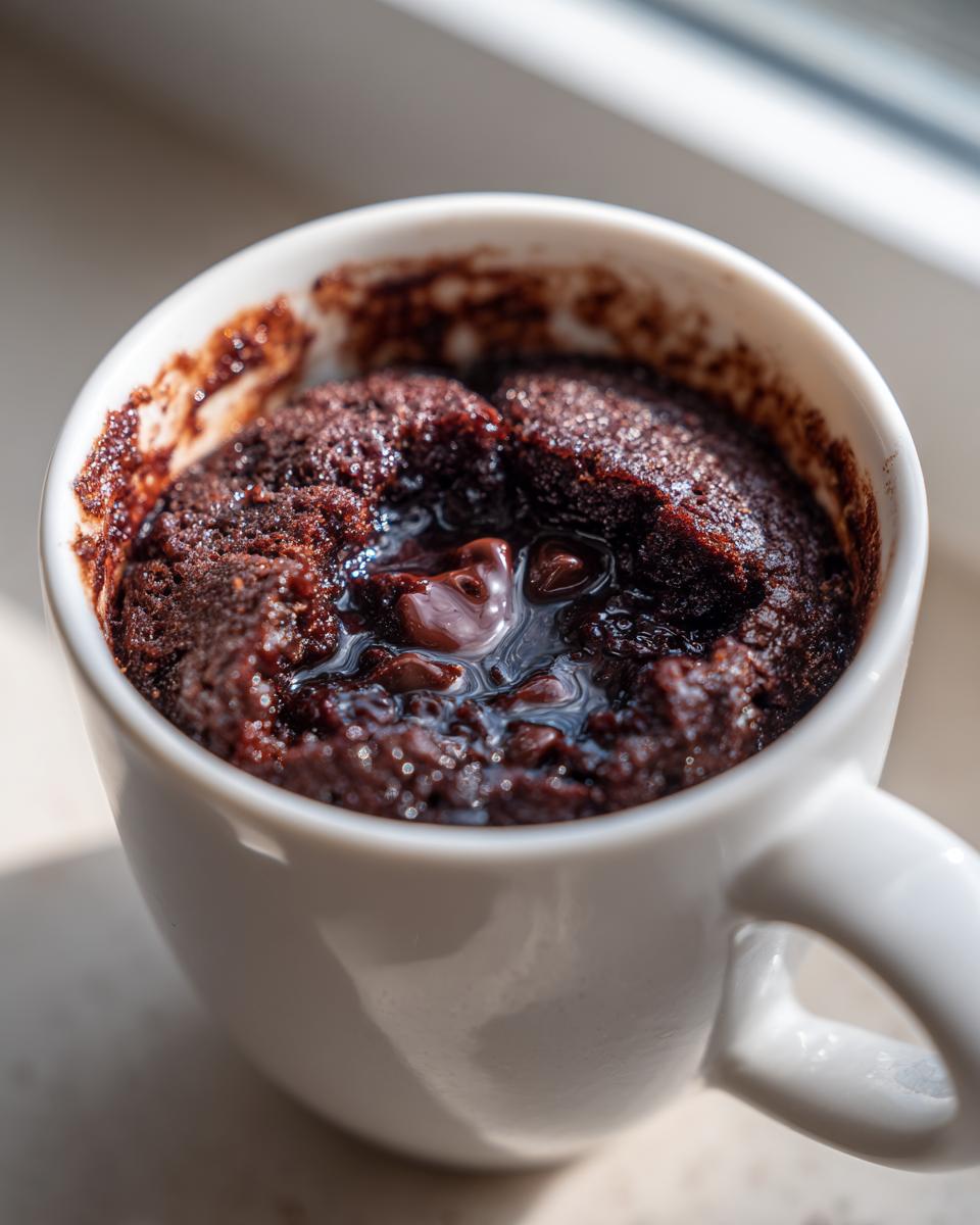 Close-up of a rich, dark chocolate mug cake with a molten chocolate center, freshly baked in a white mug.