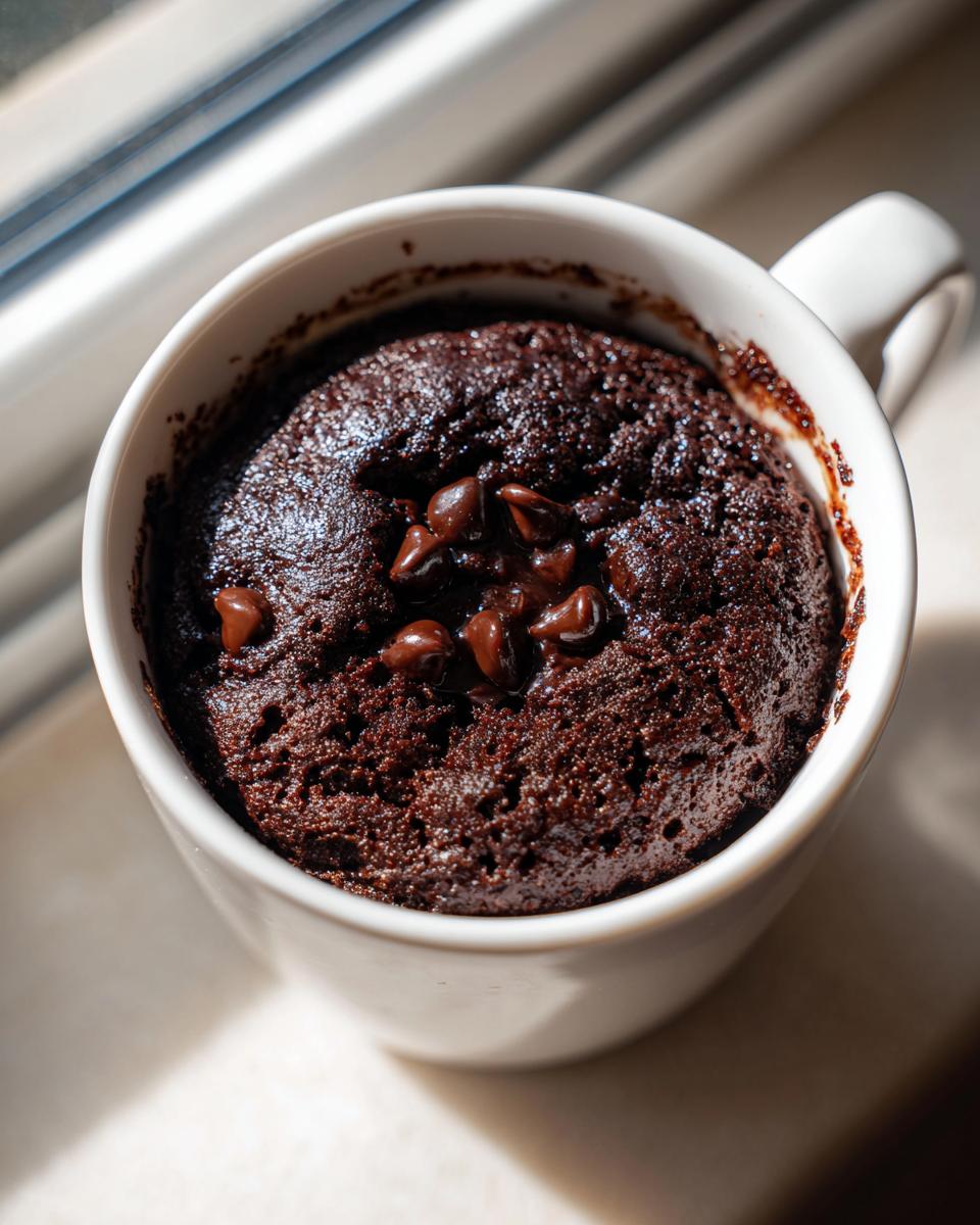 A close-up of a rich chocolate mug cake topped with melting chocolate chips, baked in a white mug.