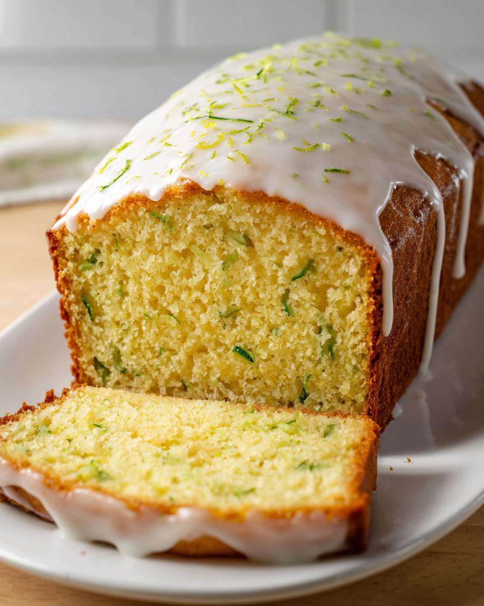 A loaf of moist lemon zucchini bread, partially sliced, topped with a white glaze and lemon zest.