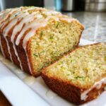 A loaf of moist lemon zucchini bread, partially sliced, drizzled with a thick white lemon glaze and topped with zest.
