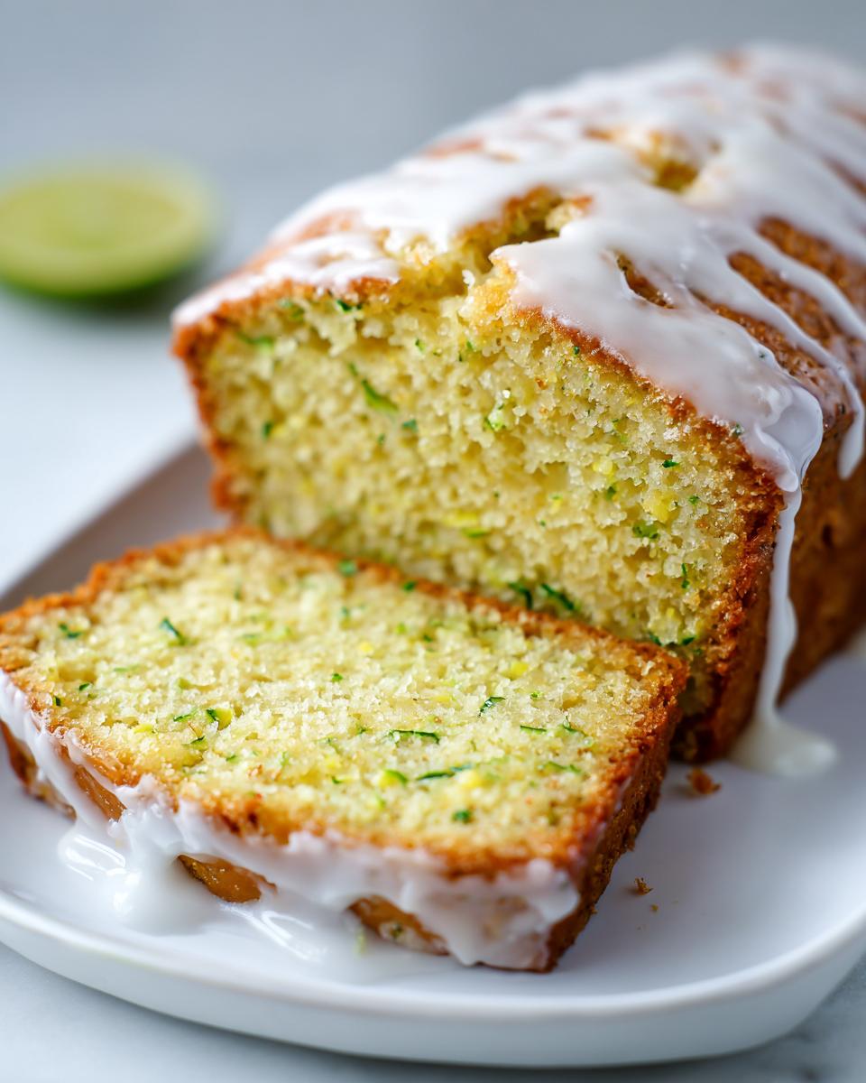 Close-up of a slice of moist lemon zucchini bread topped with a thick white glaze, next to the loaf.