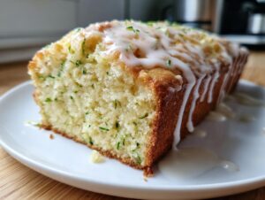 A close-up of a slice of moist lemon zucchini bread topped with a thick white lemon glaze.