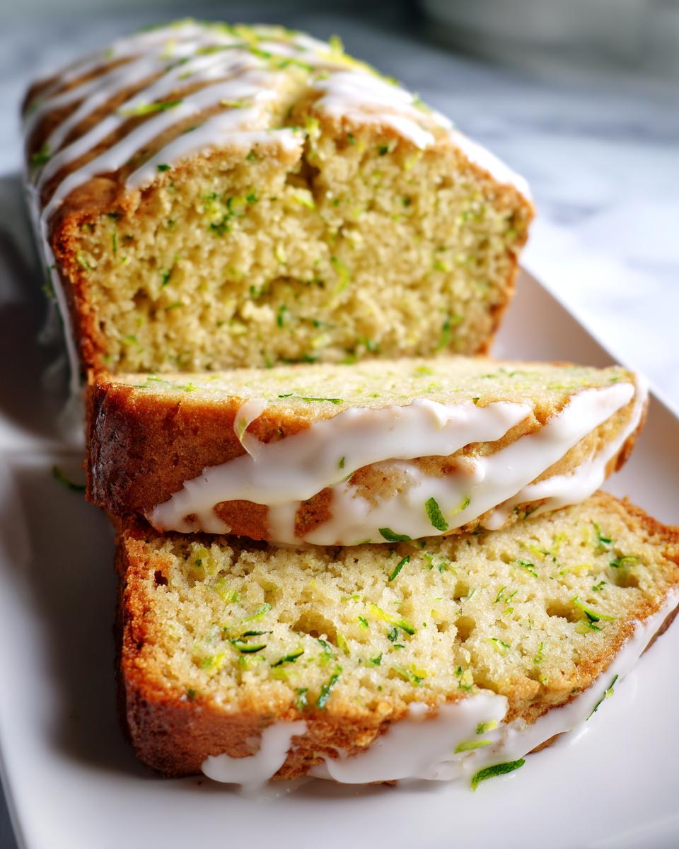 Close-up of sliced lemon zucchini bread topped with a thick white glaze and lemon zest.