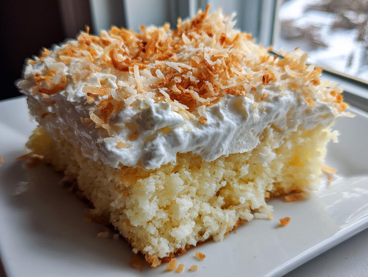 Close-up of a moist slice of coconut poke cake topped with whipped cream and toasted coconut flakes.