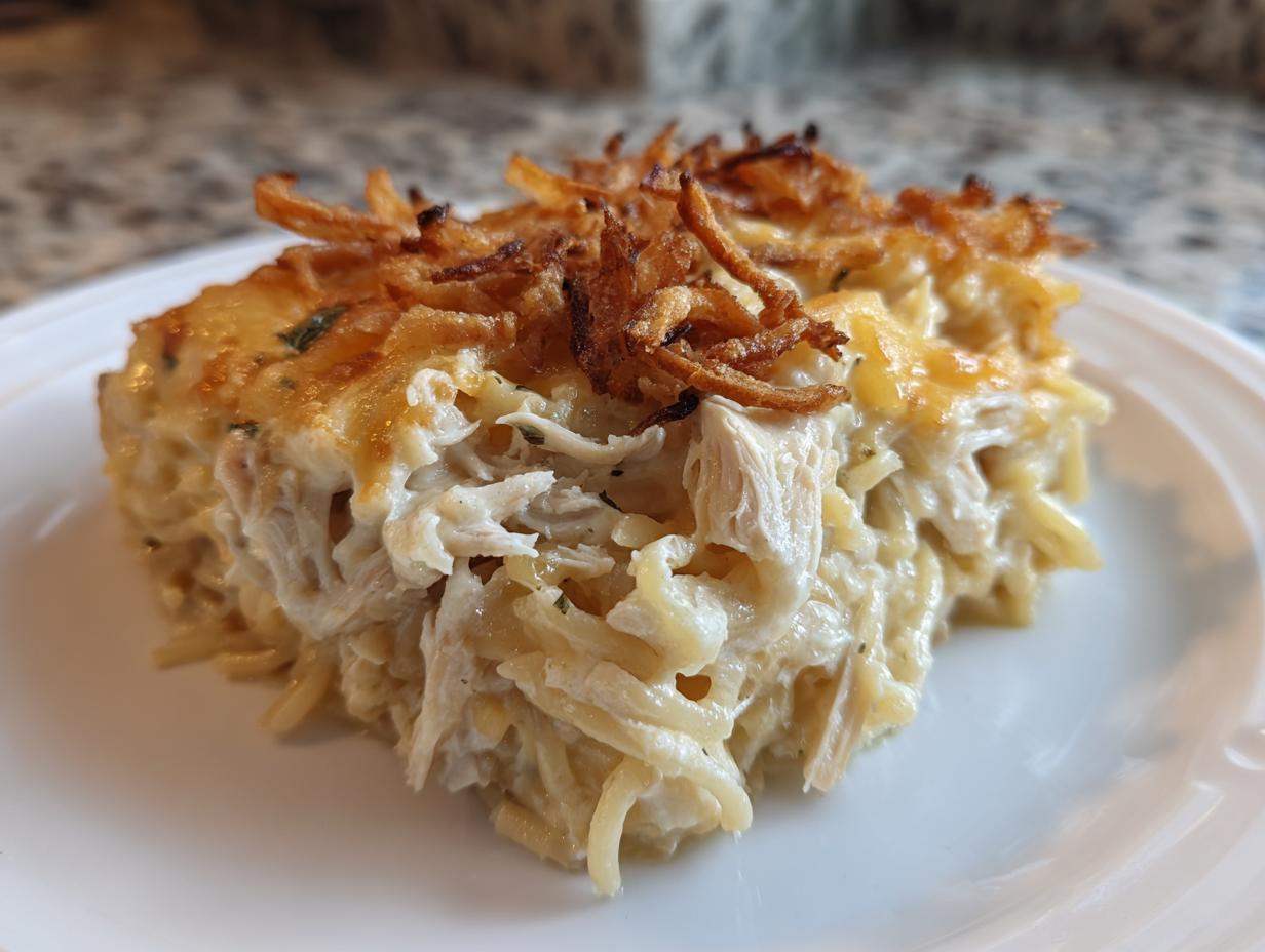 A hearty serving of creamy monterey chicken spaghetti topped with melted cheese and crispy fried onions.