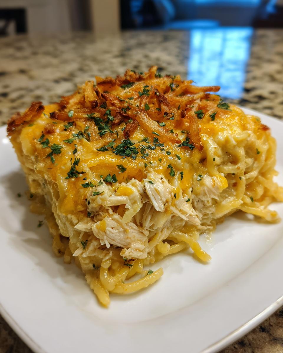 A square serving of creamy Monterey chicken spaghetti topped with melted cheese, crispy onions, and parsley.