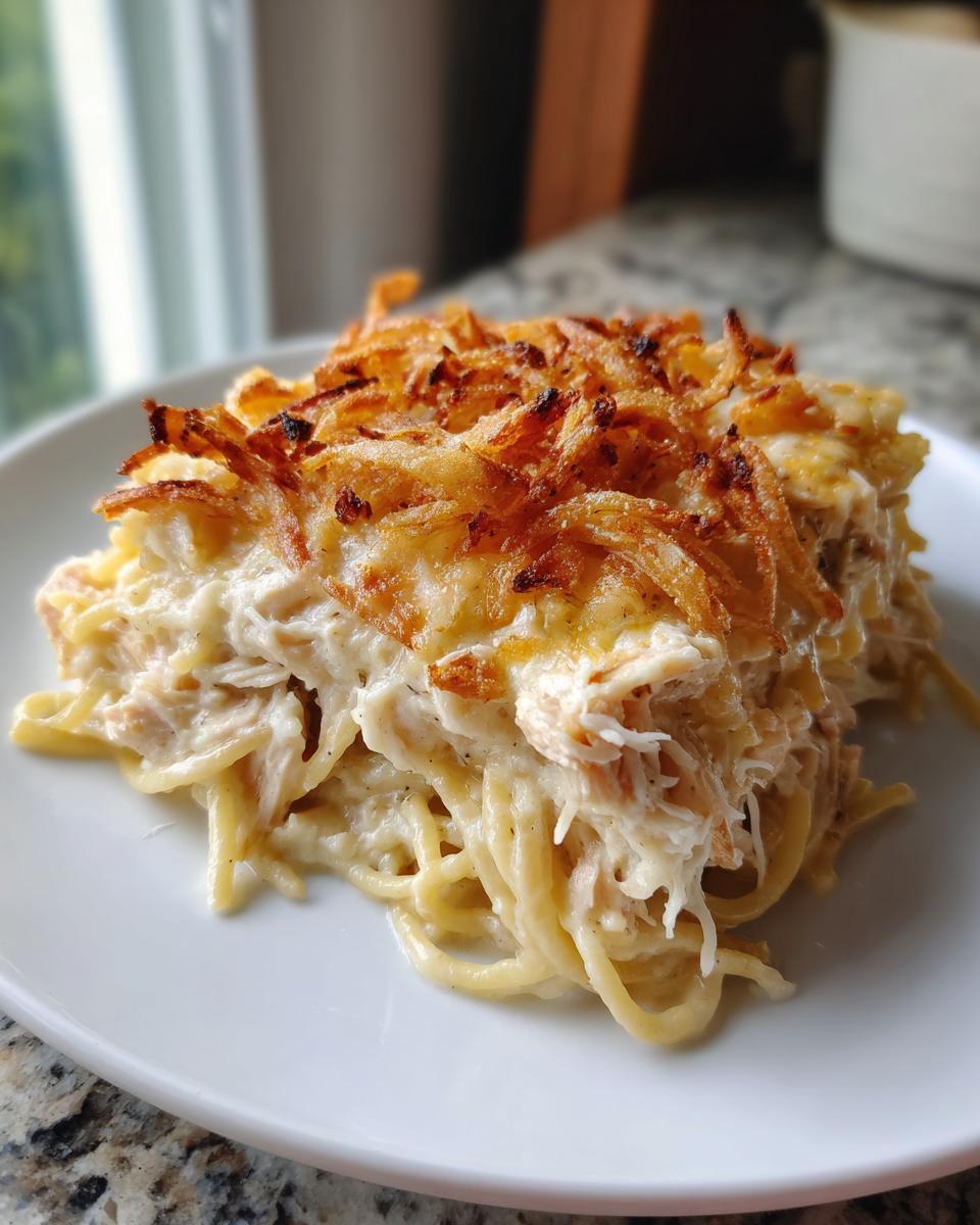 A square serving of creamy monterey chicken spaghetti topped with crispy fried onions on a white plate.