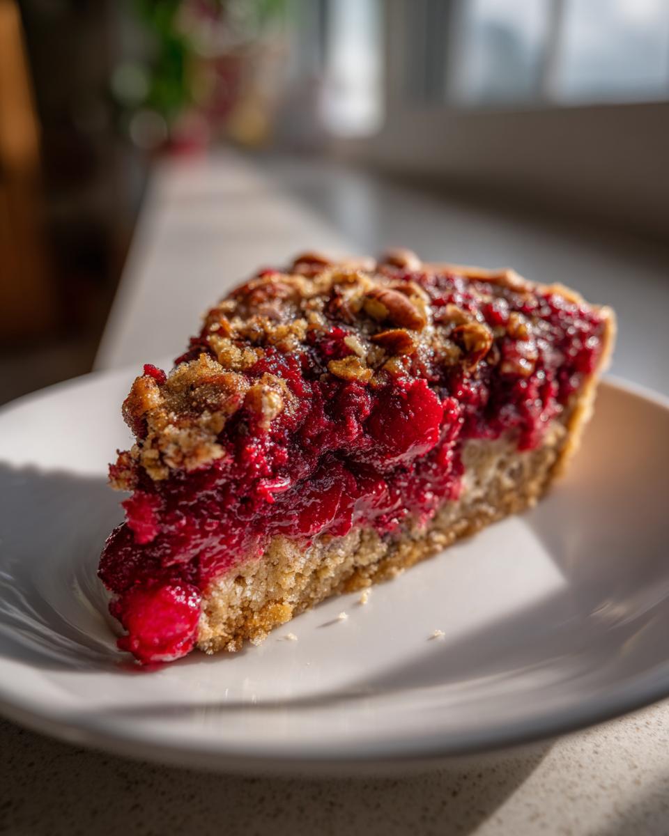 A close-up slice of vibrant Nantucket cranberry pie showing a thick, bright red cranberry filling and a nutty crumble topping.