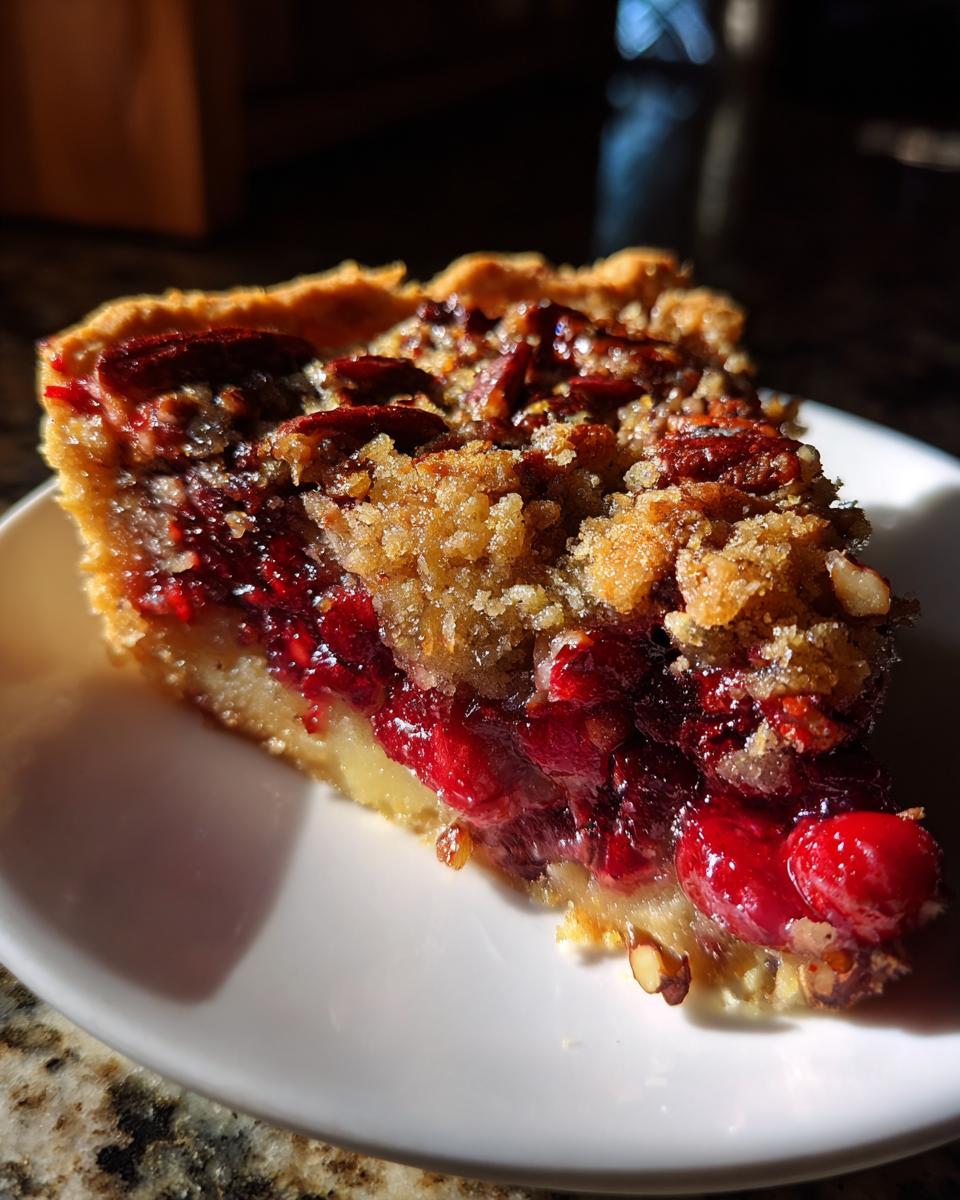 A close-up slice of rich Nantucket cranberry pie featuring whole cranberries and a pecan streusel topping.
