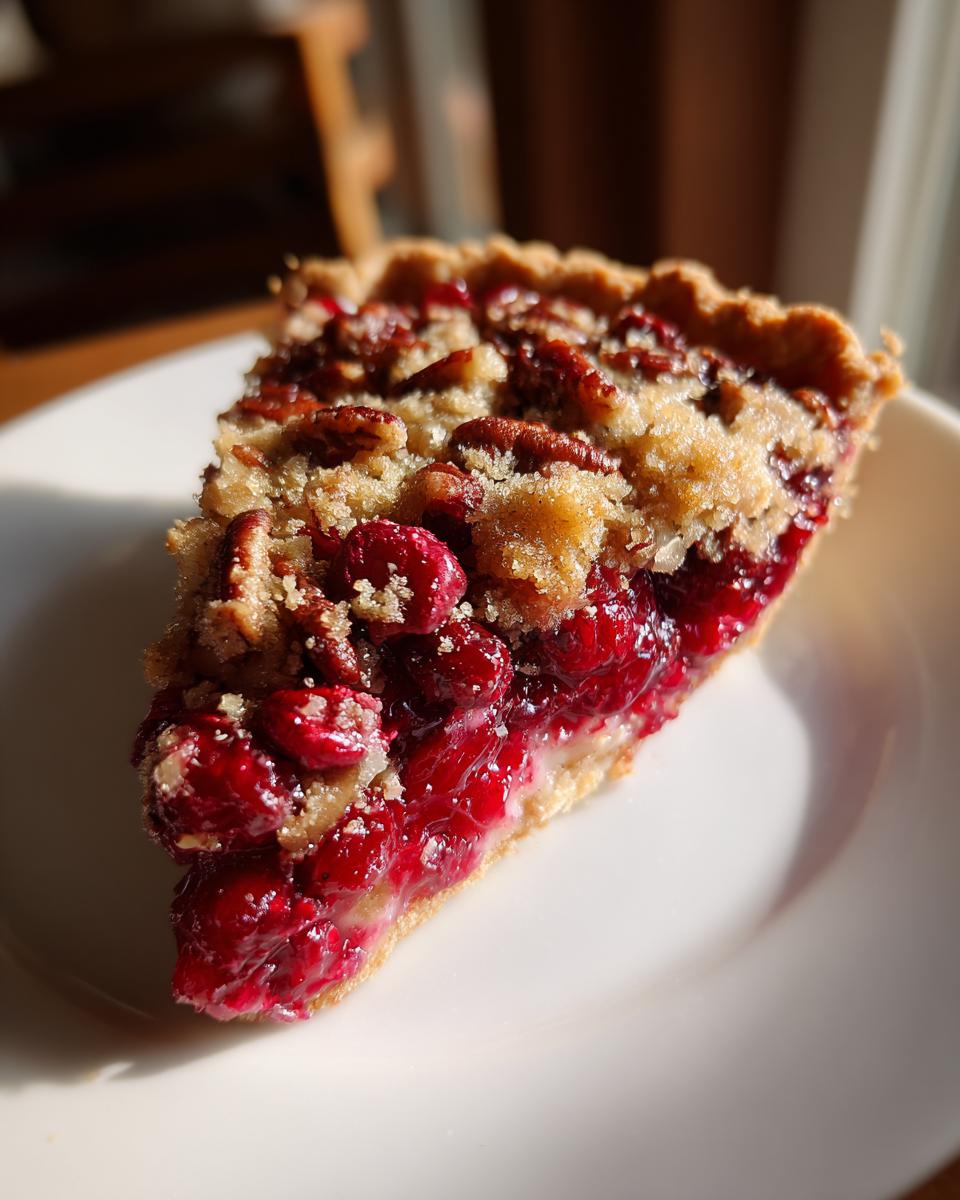 Close-up of a slice of Nantucket cranberry pie featuring bright red cranberries and a crunchy pecan crumble topping.