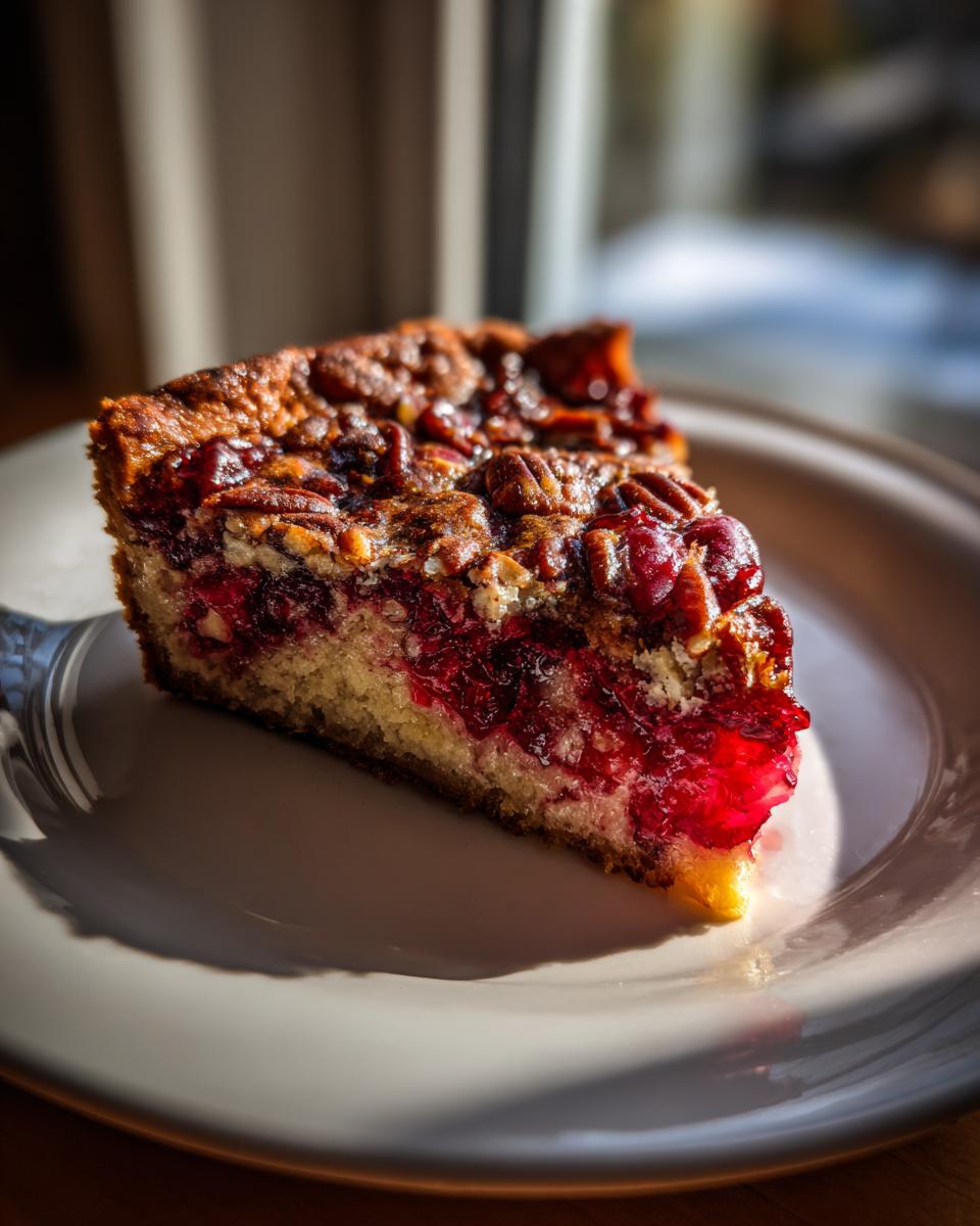 A close-up, sunlit slice of Nantucket cranberry pie showing the bright red cranberry filling and pecan topping.