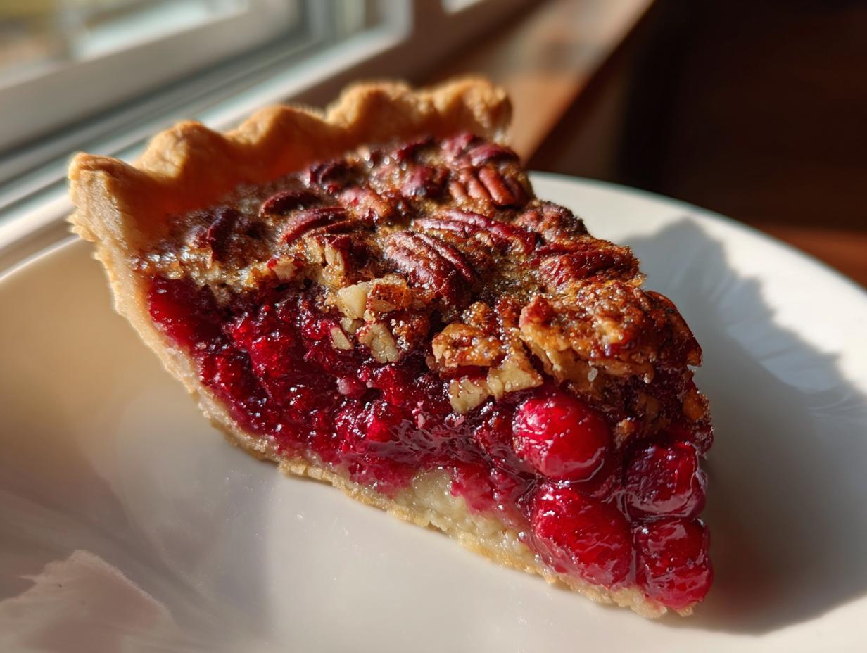 A close-up slice of Nantucket cranberry pie featuring a bright red, glossy cranberry filling and a pecan topping.