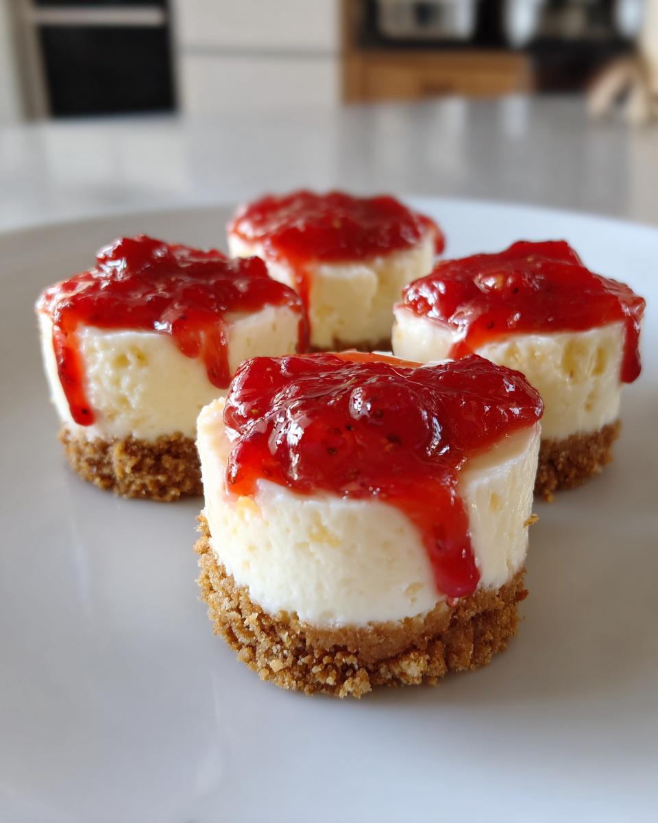 Four individual no-bake cheesecake bites with graham cracker crusts topped with dripping strawberry sauce.