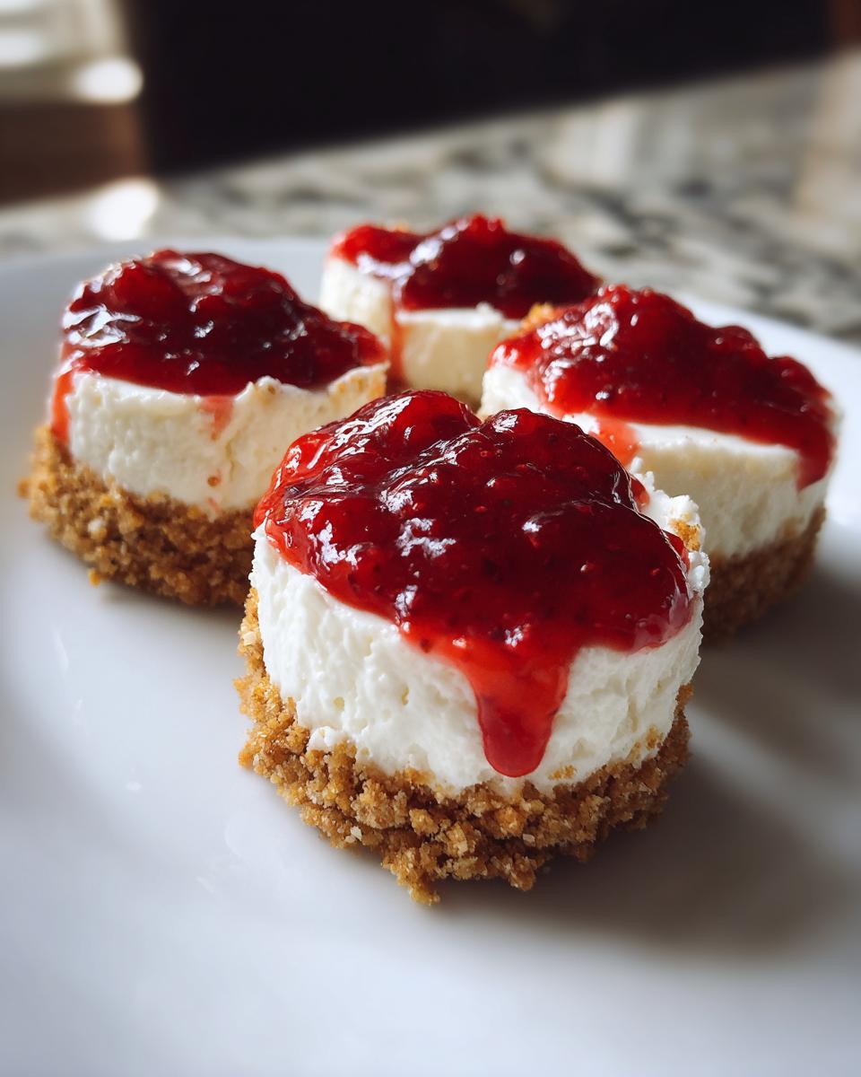 Four individual no-bake cheesecake bites with graham cracker crusts and bright red strawberry topping.