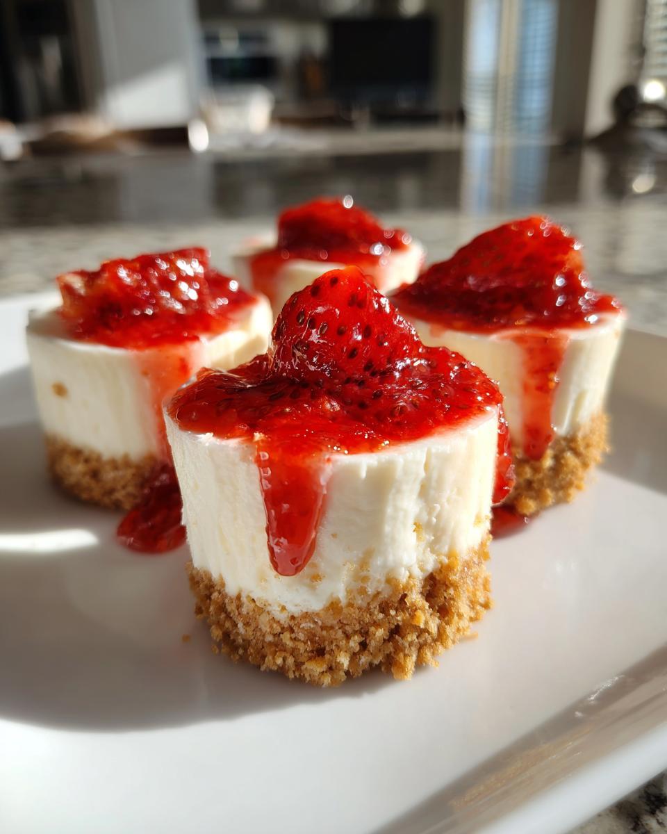 Four individual no-bake cheesecake bites with graham cracker crusts topped with strawberry sauce.