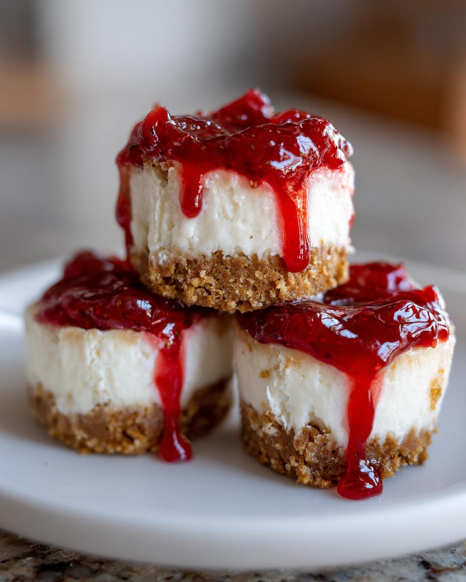 A stack of three no-bake cheesecake bites topped with dripping strawberry sauce on a white plate.