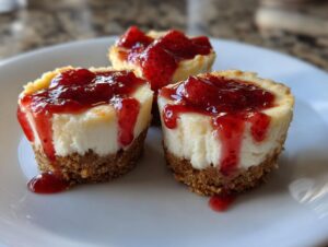 Close-up of three individual no-bake cheesecake bites topped with dripping strawberry sauce on a white plate.