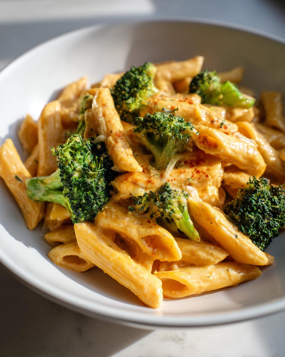 Close-up of creamy broccoli pasta made with penne, bright green florets, and a sprinkle of paprika.