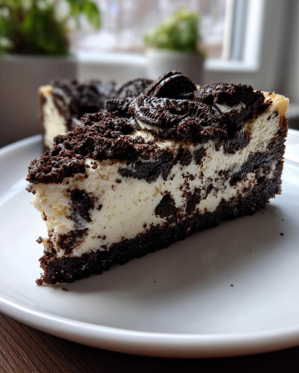 A close-up of a creamy slice of oreo cheesecake with a dark cookie crust and topped with crushed cookies.