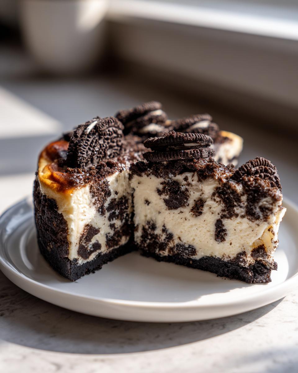 A slice cut from a rich oreo cheesecake, showing creamy filling mixed with chocolate cookie pieces and topped with whole Oreos.