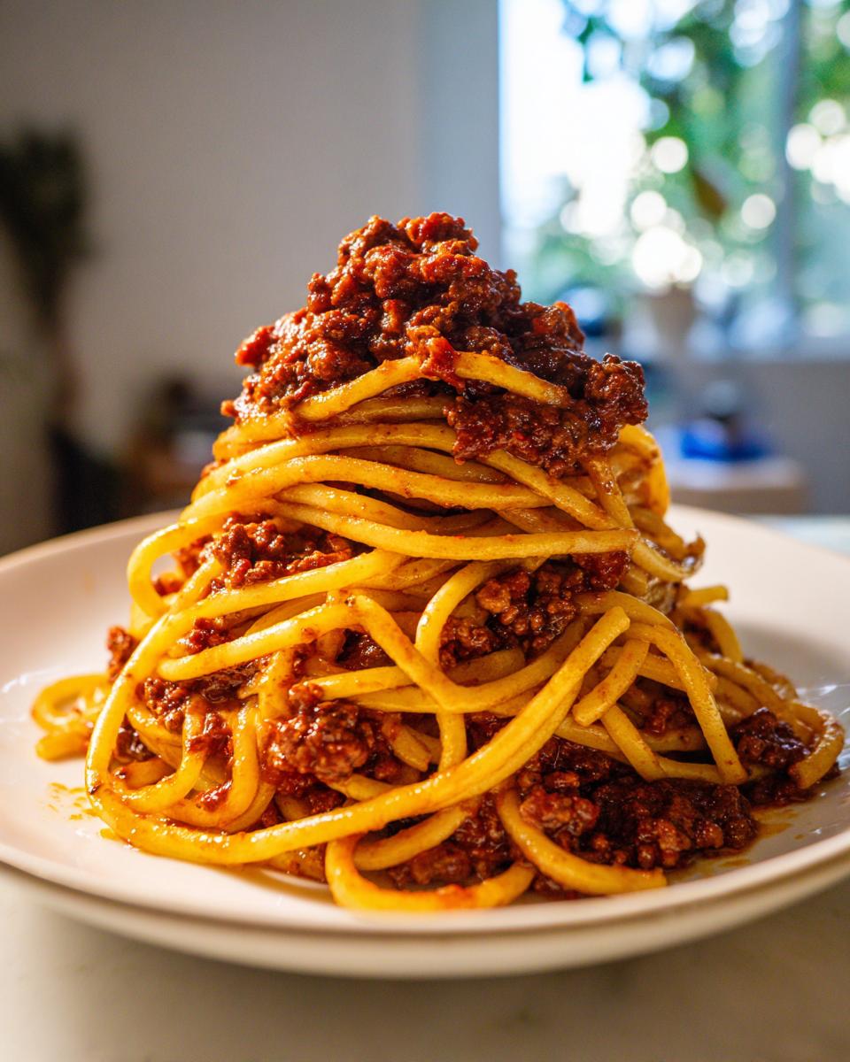 A tall stack of thick spaghetti noodles generously topped with rich, slow-cooked bolognese sauce on a white plate.