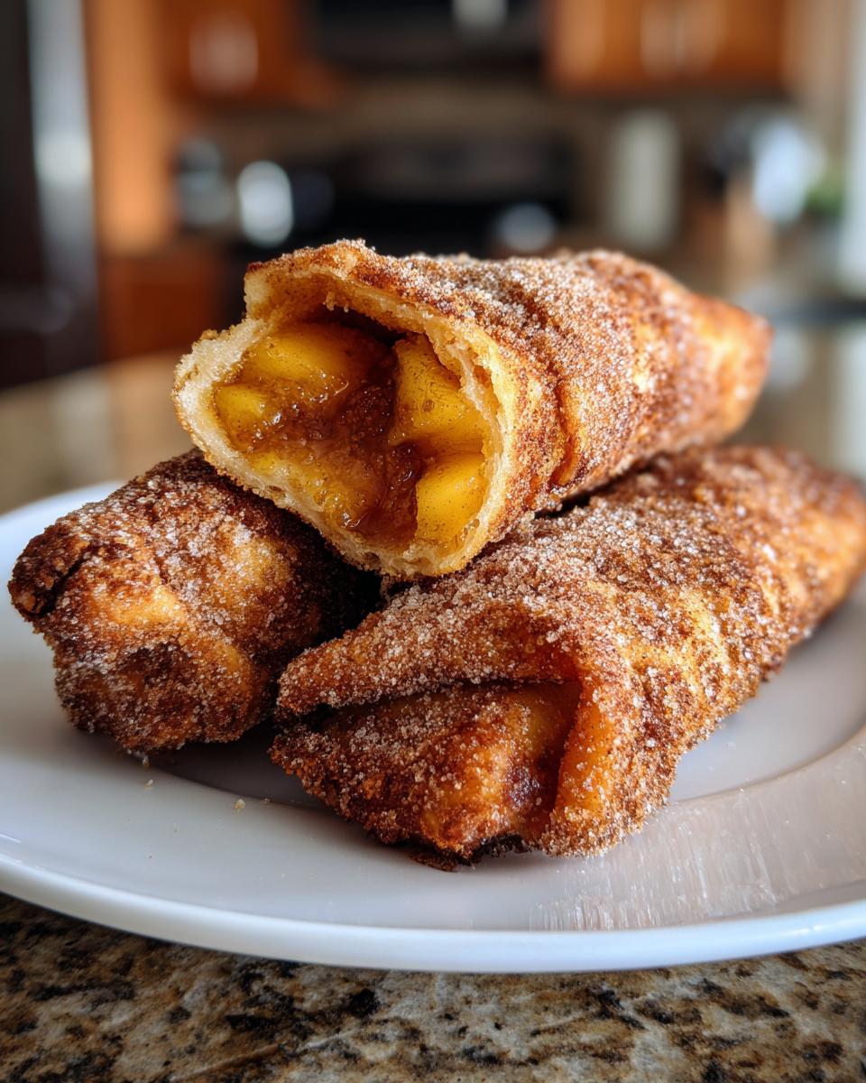 Three crispy, fried peach cobbler egg rolls dusted heavily with cinnamon sugar, one cut open to show the warm peach filling.