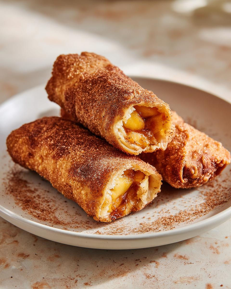 Close-up of three crispy, fried peach cobbler egg rolls dusted heavily with cinnamon sugar.