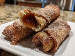 Three crispy, golden-brown peach cobbler egg rolls coated in cinnamon sugar, one cut open to show the gooey peach filling.