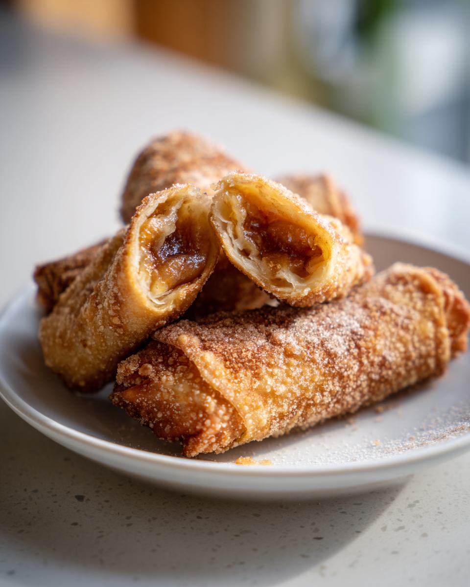 Close-up of fried peach cobbler egg rolls dusted with cinnamon sugar, one cut open showing the filling.
