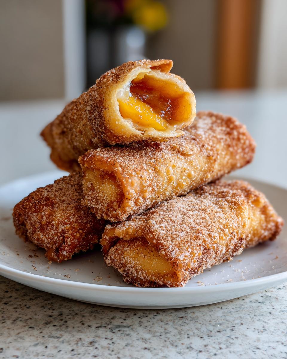 A stack of golden brown peach cobbler egg rolls dusted heavily with cinnamon sugar, one is cut open showing the warm peach filling.