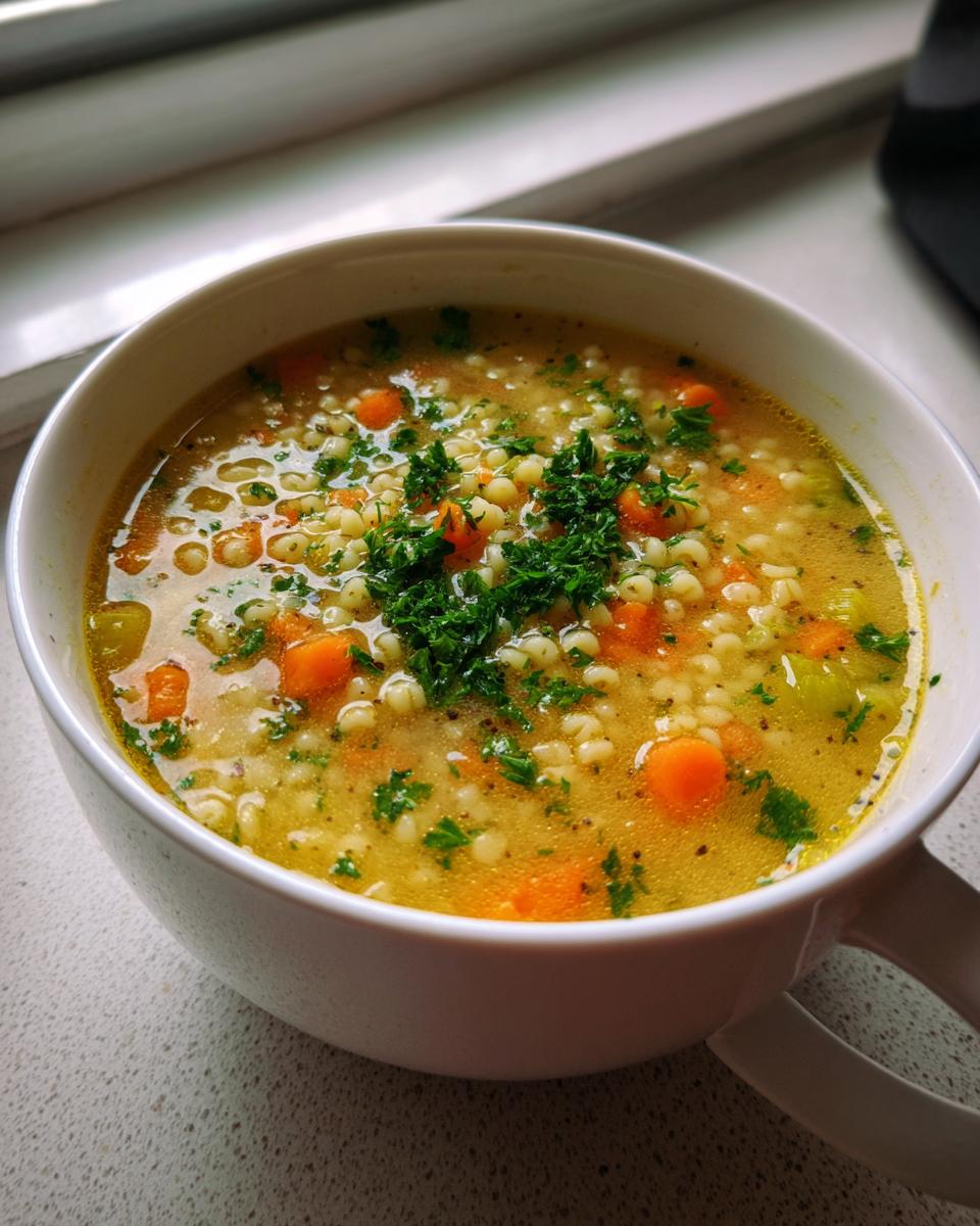 A close-up of a white mug filled with warm penicillin soup, featuring small pasta pearls, bright orange carrots, and fresh parsley.