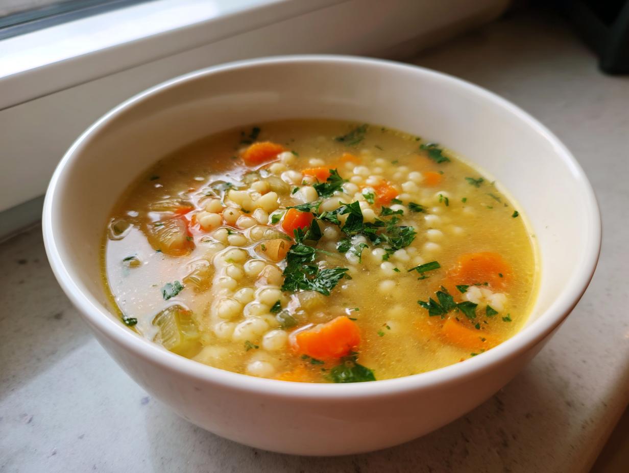A close-up of a white bowl filled with warm penicillin soup, featuring small pasta pearls, bright orange carrots, and fresh parsley.