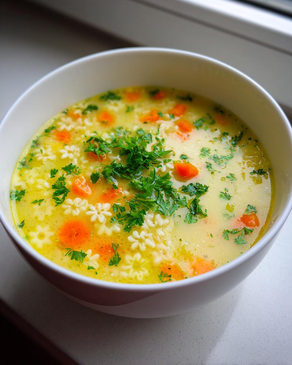 A close-up of a white bowl filled with creamy, yellow penicillin soup featuring star-shaped pasta, diced carrots, and fresh parsley garnish.