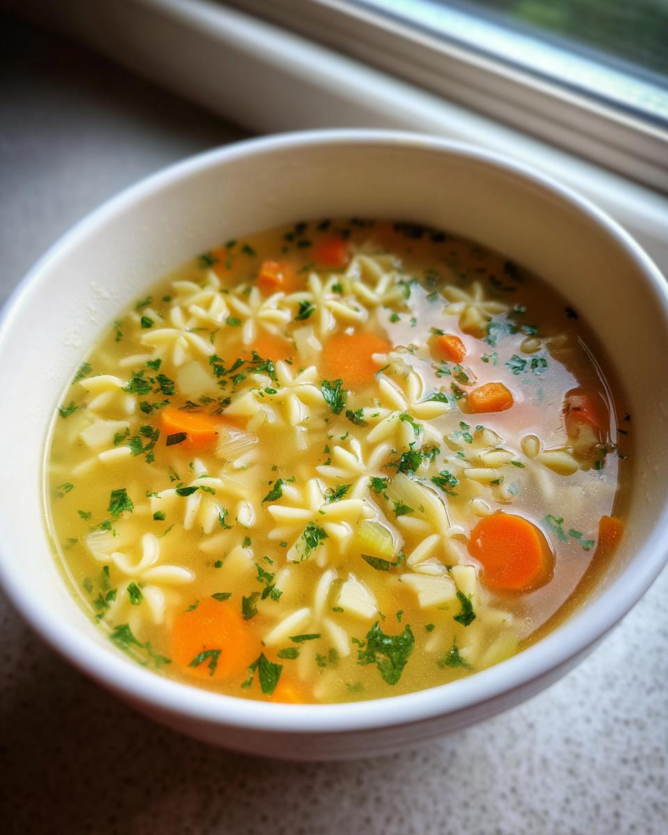 A close-up of a white bowl filled with warm penicillin soup, featuring star-shaped pasta, sliced carrots, and fresh parsley.