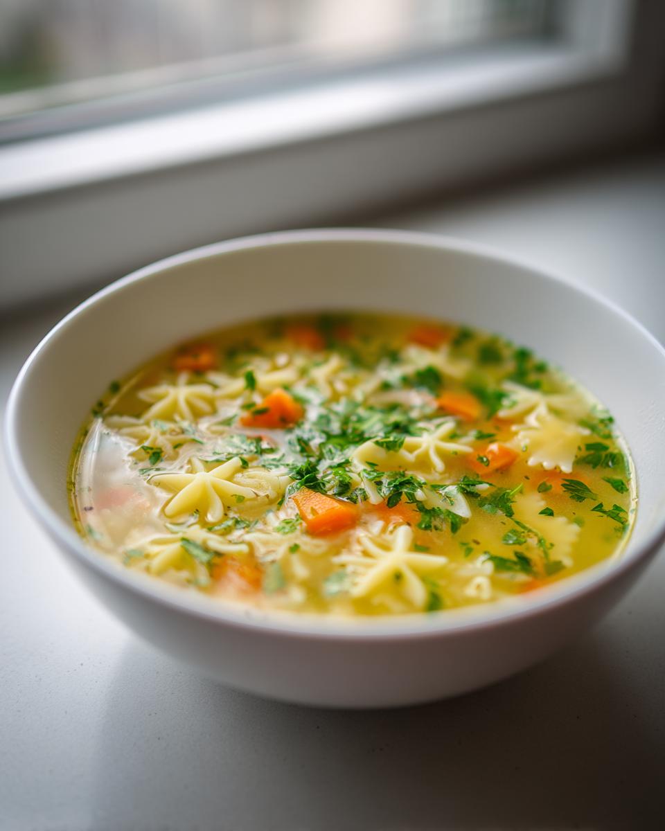 Close-up of a white bowl filled with warm penicillin soup, featuring star-shaped pasta, diced carrots, and fresh parsley.