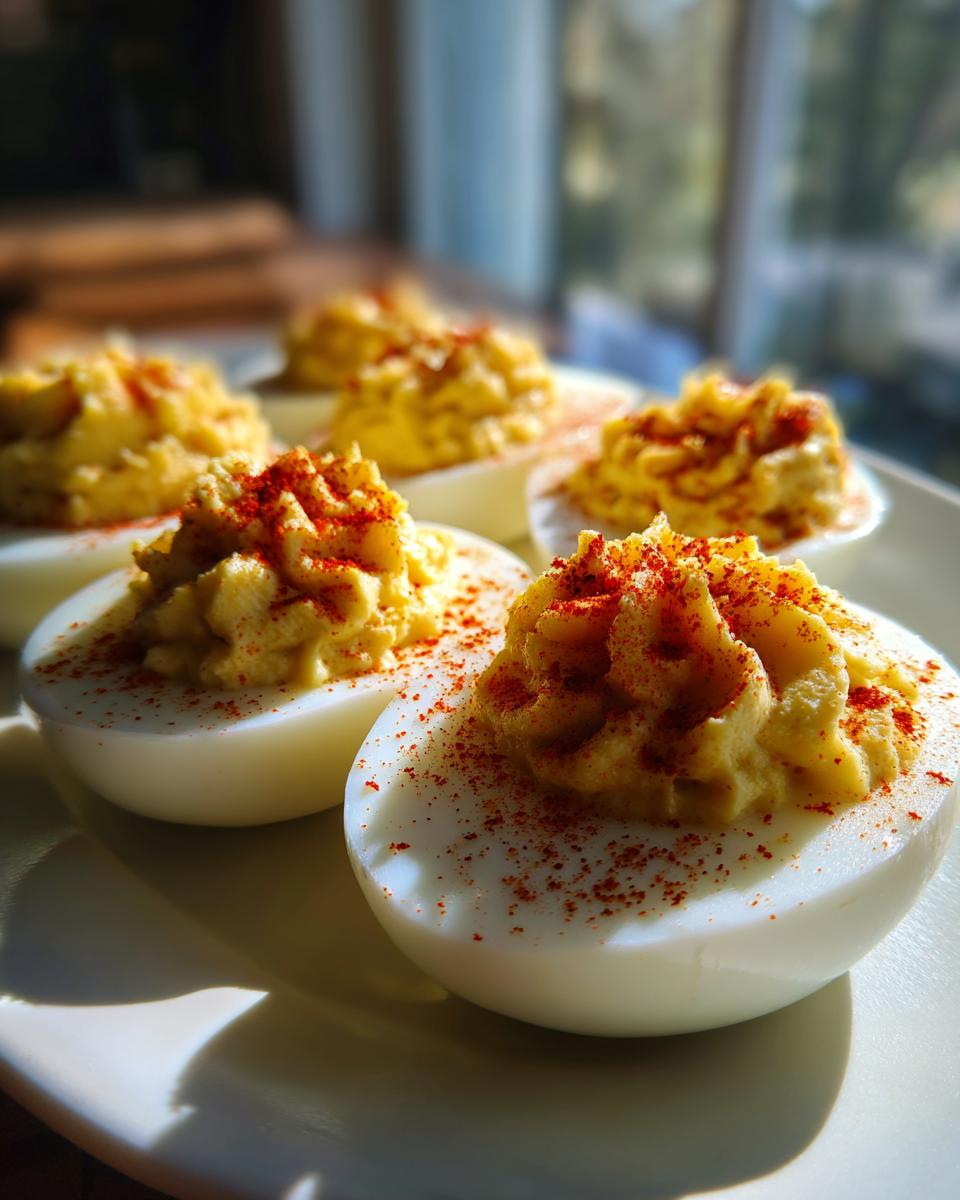 Close-up of several perfectly piped deviled eggs sprinkled with bright red paprika on a white plate.