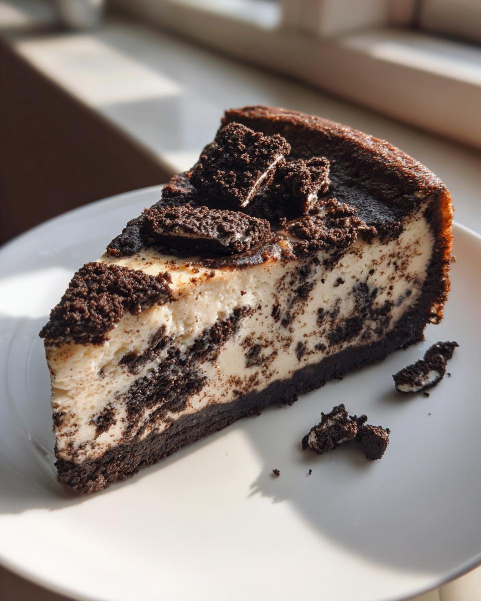 A perfect slice of creamy oreo cheesecake with a dark chocolate crust and crushed oreo topping, sitting on a white plate.