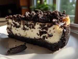 A perfect slice of creamy oreo cheesecake with a dark chocolate crust and crumb topping, sitting on a white plate.