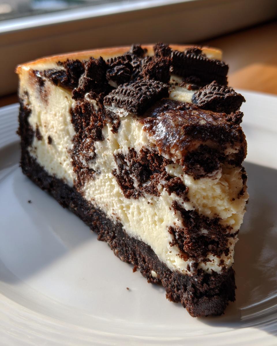 A close-up slice of creamy Oreo cheesecake with a dark chocolate crust and crumbled Oreo topping.