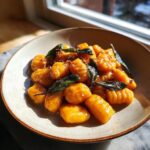 A bowl of bright orange, pillowy sweet potato gnocchi tossed in brown butter and topped with crispy sage leaves.