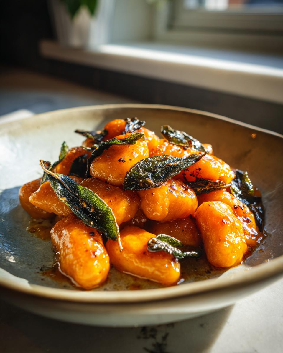 A close-up of bright orange sweet potato gnocchi tossed in brown butter and topped with crispy sage leaves.