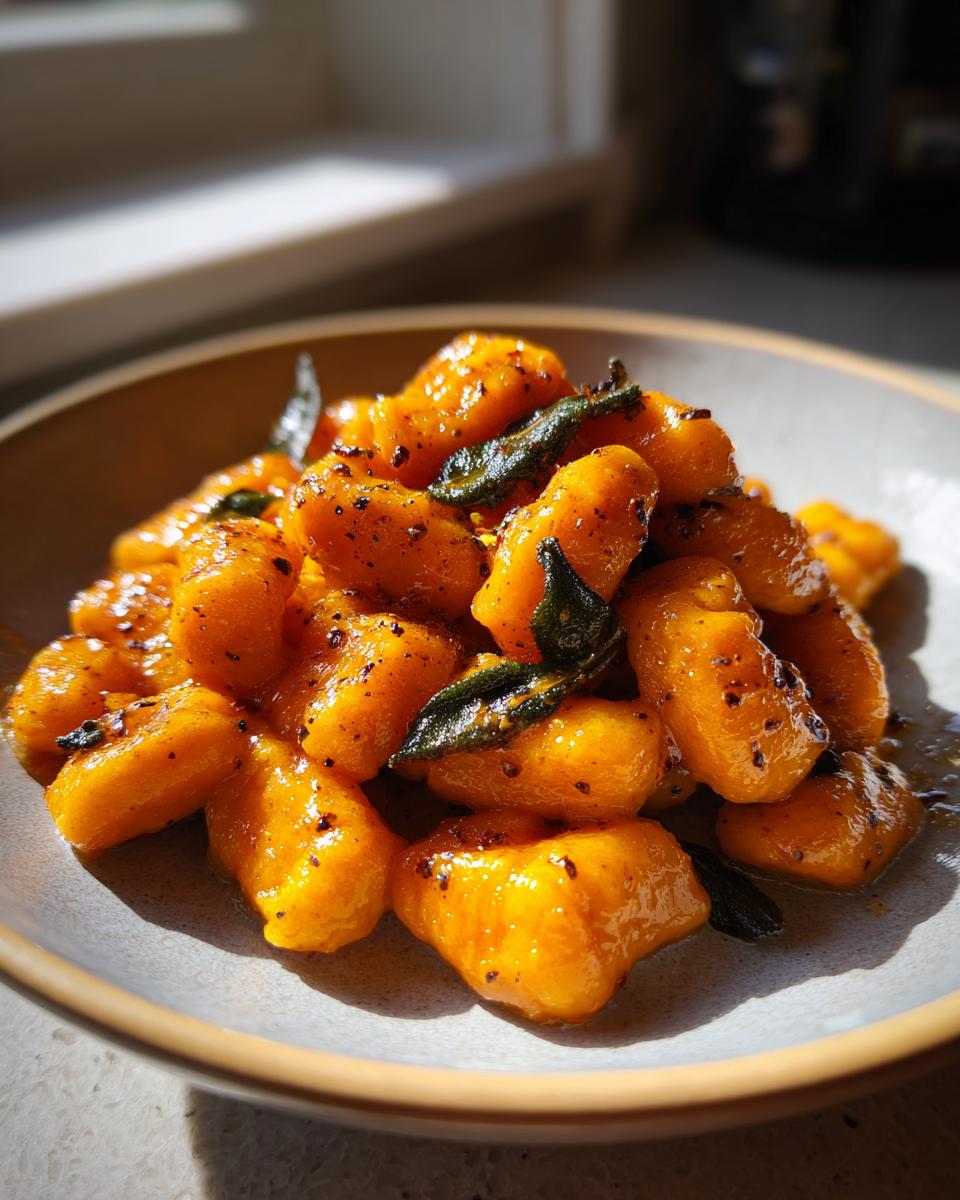 A close-up of bright orange sweet potato gnocchi tossed in brown butter and crispy sage leaves.