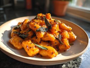 A plate piled high with bright orange sweet potato gnocchi tossed in a brown butter sauce with crispy sage leaves.