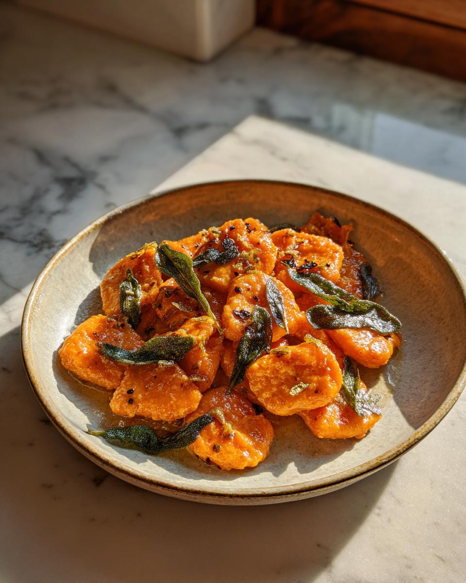 A bowl of vibrant orange sweet potato gnocchi tossed in brown butter and topped with crispy sage leaves.