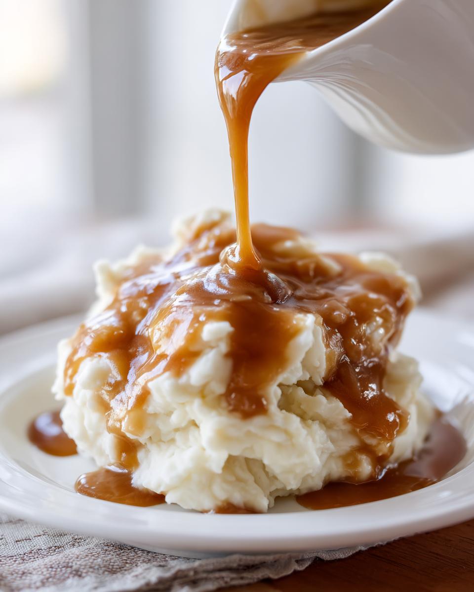 A stream of rich homemade brown gravy being poured from a white gravy boat onto fluffy mashed potatoes.