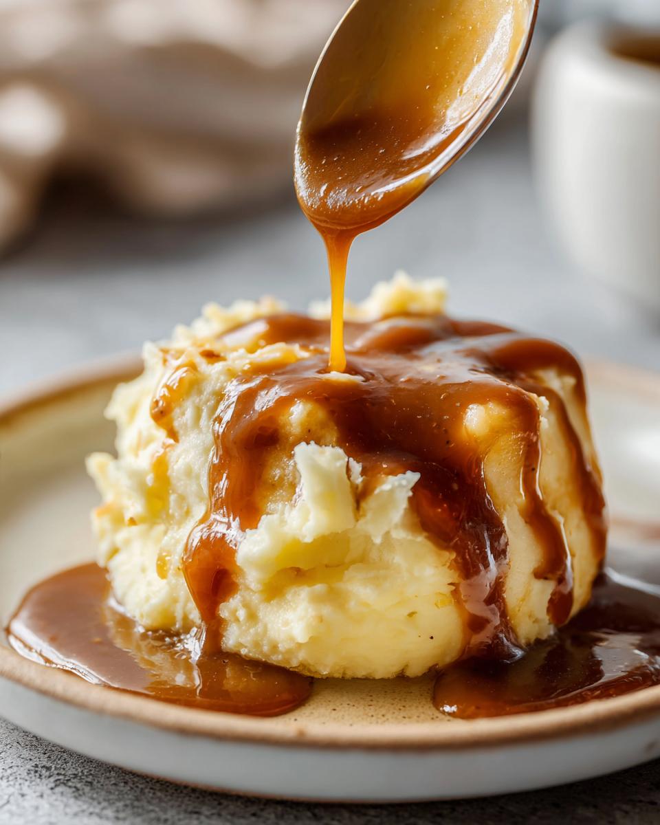 A spoonful of rich homemade brown gravy is being poured over a mound of creamy mashed potatoes on a plate.