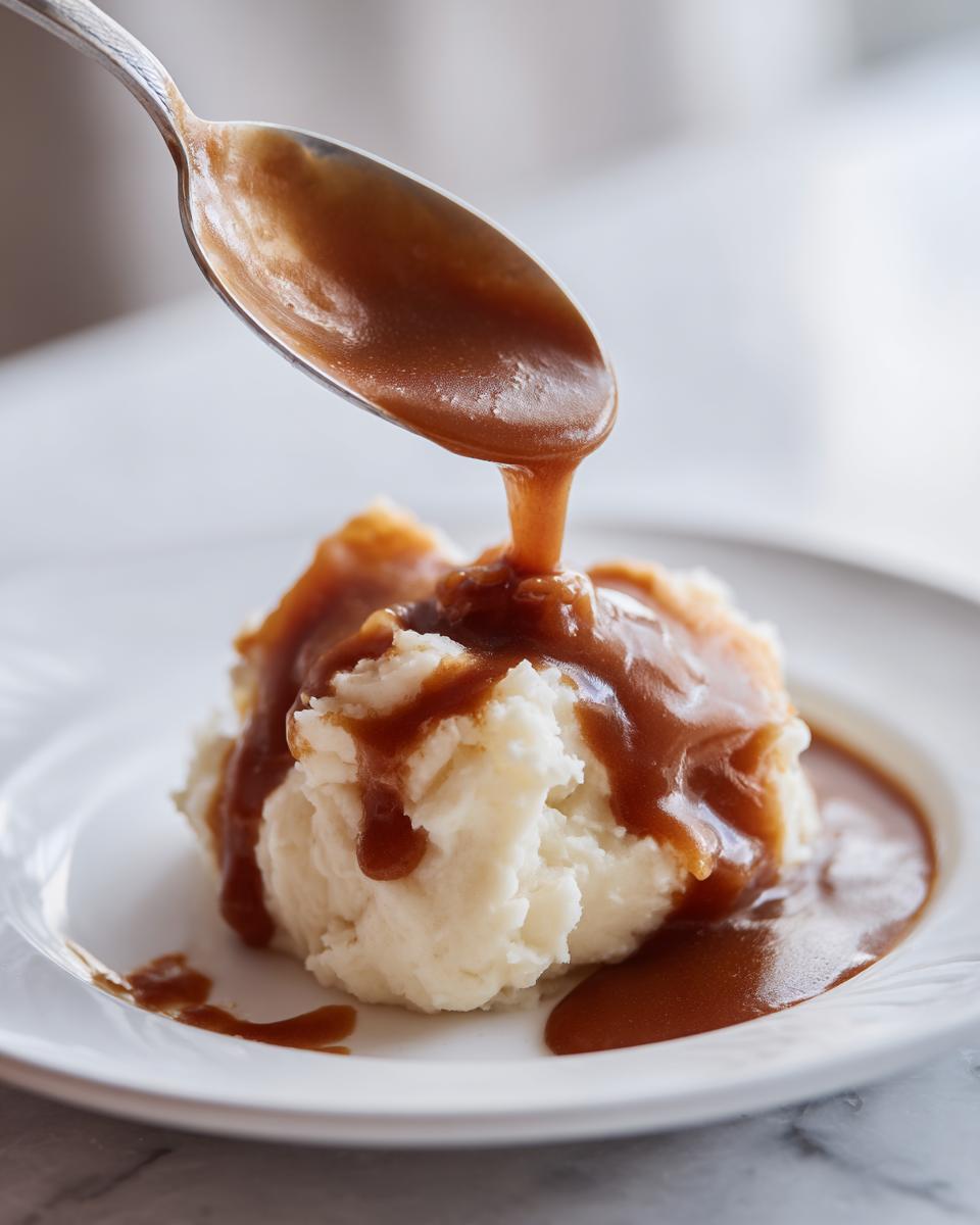 A spoonful of rich homemade brown gravy being poured over a mound of fluffy mashed potatoes on a white plate.